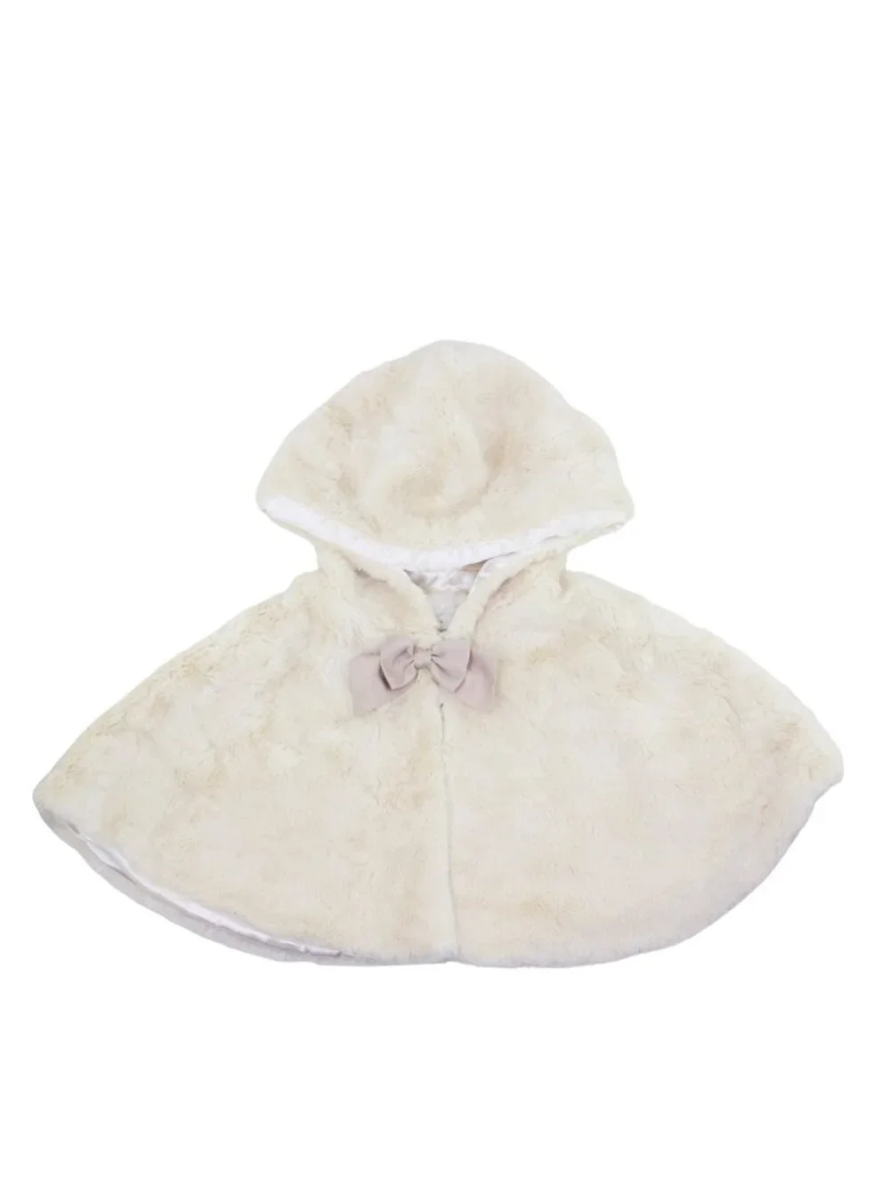 Monsoon Girls' Ivory Faux Fur Hooded Cape w/ Semi-Matte Satin Bow